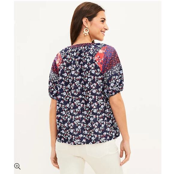 Loft 100% cotton patchwork floral boho lightweight cotton puff sleeve blouse - Picture 3 of 11